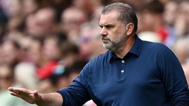 BRENTFORD, ENGLAND - AUGUST 13: Ange Postecoglou, Manager of Tottenham Hotspur, gestures during the Premier League match between Brentford FC and Tottenham Hotspur at Gtech Community Stadium on August 13, 2023 in Brentford, England. (Photo by Mike Hewitt/Getty Images)