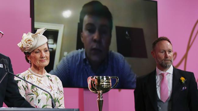 Joseph O’Brien was presented with the Melbourne Cup trophy via video link. Picture: Getty Images