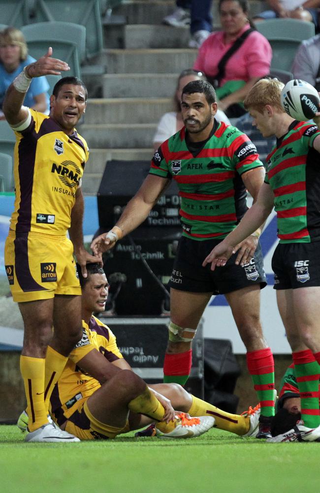 The moment Broncos winger Jharal Yow Yeh suffered a compound fracture to his lower leg in 2013.