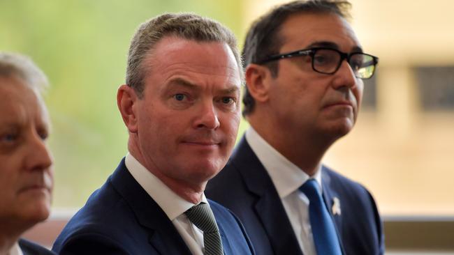 Former federal defence minister Christopher Pyne and SA Premier Steven Marshall at the announcement on the agreement of future submarine construction with Naval Group in March 2018. Picture: AAP/Morgan Sette