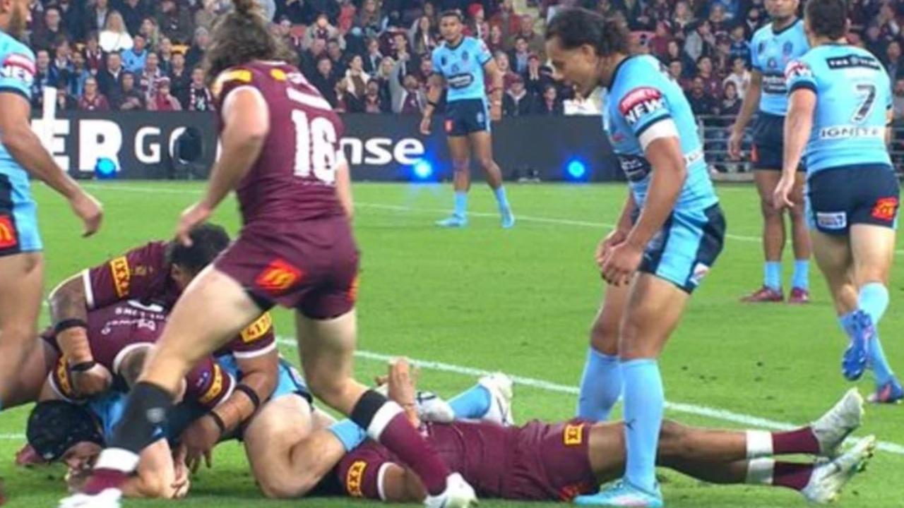 Jarome Luai stands over Selwyn Cobbo in the 2022 Origin decider. WWOS