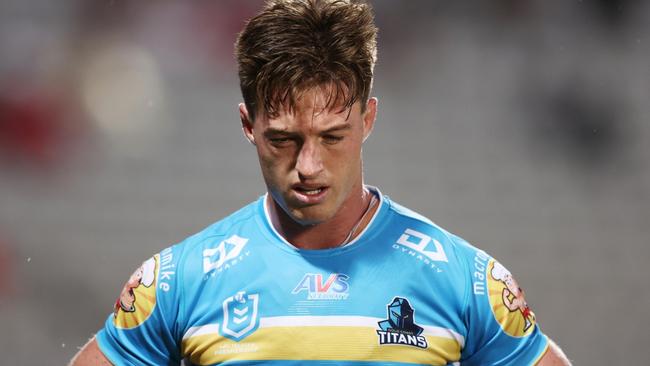 SYDNEY, AUSTRALIA - MARCH 12:  Sam Verrills of the Titans looks dejected as he leaves the field during the round two NRL match between the St George Illawarra Dragons and the Gold Coast Titans at Netstrata Jubilee Stadium on March 12, 2023 in Sydney, Australia. (Photo by Matt King/Getty Images)