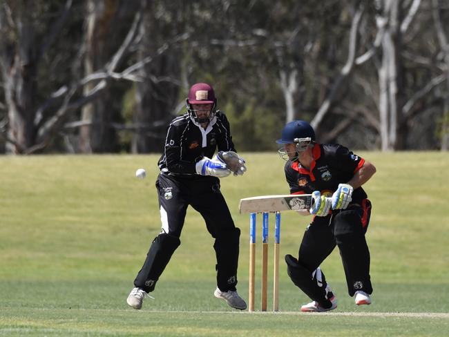 George Banks Umbrellas keeper Chris Hall (left) and Darren Koch of Liebke Lions in Darling Downs Bush Bash League (DDBBL) round five T20 cricket at Highfields Sport Park, Sunday, Sunday, October 20, 2019. Picture: Kevin Farmer