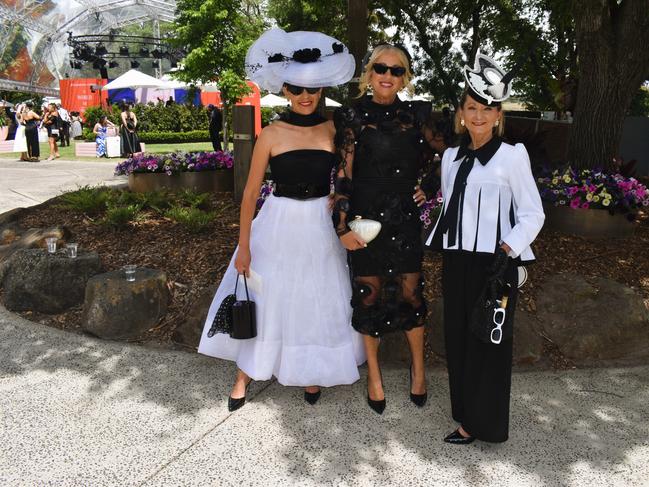 Guests in striking racewear at Penfolds Derby Day at the Flemington Racecourse on Saturday, November 02, 2024: