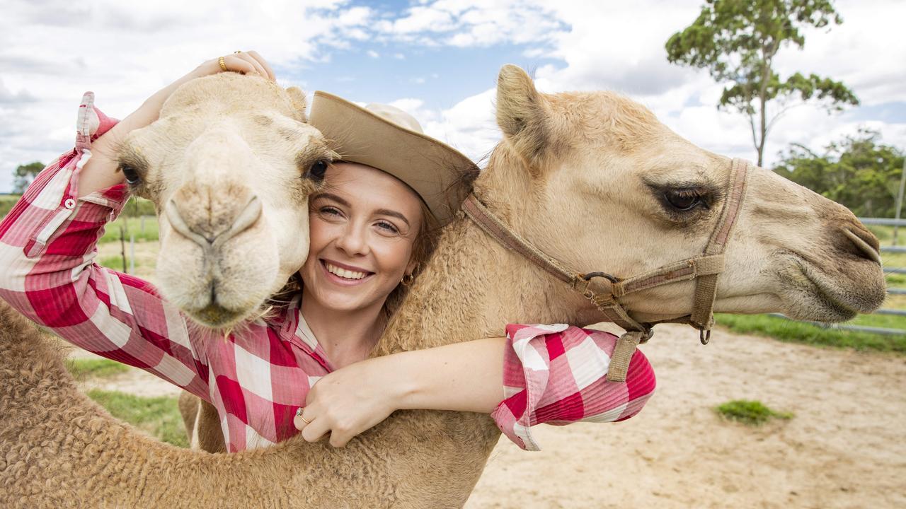 Camel farmer Yasmin Brisbane gets a cuddle from Felix and Monty at QCamel Farm. Picture Lachie Millard