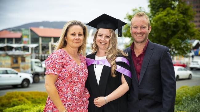 Sophie Gates (Centre) with Tracey Fowler and Will Keyes. University of Tasmania Graduations. Federation Concert Hall, Hobart. Picture: RICHARD JUPE