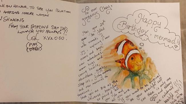 A birthday card sent from Jackie Faulkner to her daughter Cheyarni on her 29th birthday with her own artwork. Picture: Supplied.