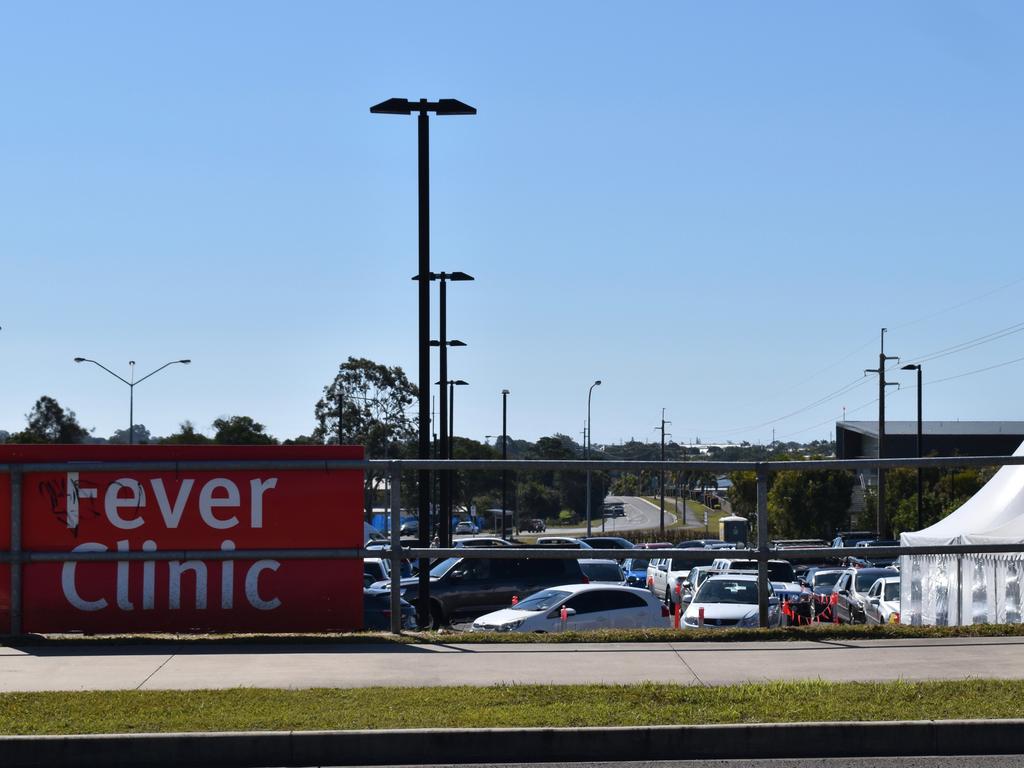 Dozens of cars were queued at the Hervey Bay fever clinic in the midday heat on August 2, 2021. Picture: Isabella Magee