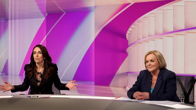 Ardern and National Party leader Judith Collins take part in the TVNZ Final Leaders Debate on October 15. Picture: Getty