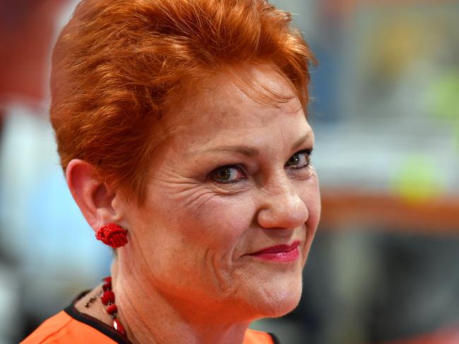 One Nation Leader Senator Pauline Hanson at a press conference after visiting a lighting factory in Salisbury, south of Brisbane, Thursday, November 23, 2017. Senator Hanson is on the campaign trail ahead of the Queensland state election. (AAP Image/Mick Tsikas) NO ARCHIVING