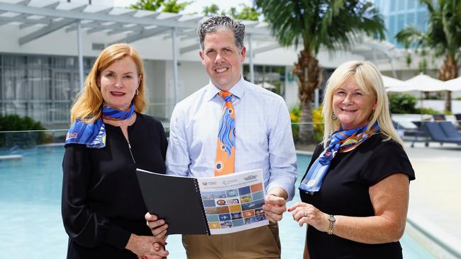 Advance Cairns chief executive Jacinta Reddan, Tourism Tropical North Queensland chief executive Mark Olsen and Cairns Chamber of Commerce chief executive Patricia O'Neill, share their 2024 state election priorities. Picture: Brendan Radke