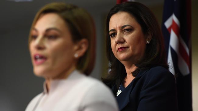 Queensland Treasurer Jackie Trad and Premier Annastacia Palaszczuk during a press conference in the budget lockup. Picture: AAP