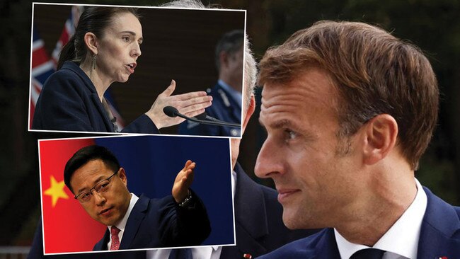 French president Emmanuel Macron (main picture), New Zealand PM Jacinda Ardern (top left) and Zhao Lijian are unsurprising critics of the nuclear submarines decision. Pictures: AFP