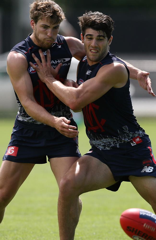 There was plenty of puch and shove between Jack Viney and Christian Petracca. Picture: Wayne Ludbey