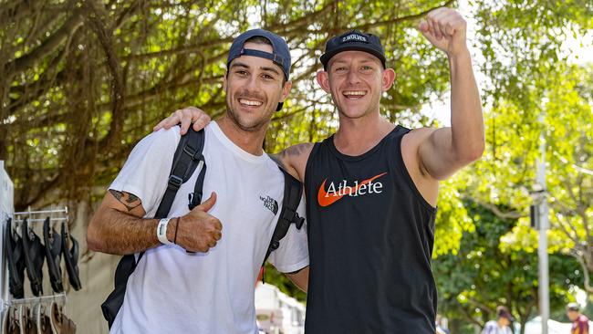 Ironman competitors Brendan Wheeler from Brisbane and Michael Welsh from Melbourne are pumped for the weekend event. Picture Emily Barker