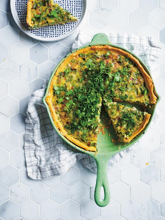 Spring Onion Quiche from In Praise of Veg by Alice Zaslavsky. Picture: Ben Dearnley