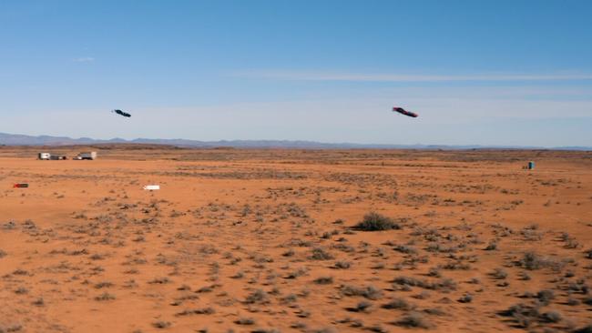 Adelaide company Airpseeder held a drag race in the Flinders Ranges, with its EXA flying cars hitting speeds of more than 150km/h. Picture: Airspeeder