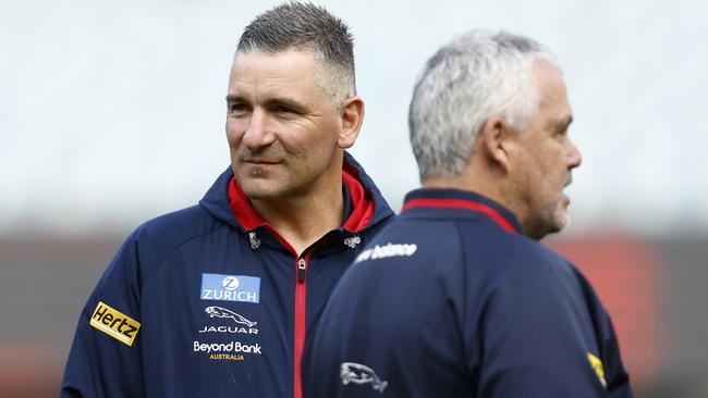 Adem Yze (left) is a frontrunner for Essendon’s coaching job. Picture: Darrian Traynor/AFL Photos/Getty Images