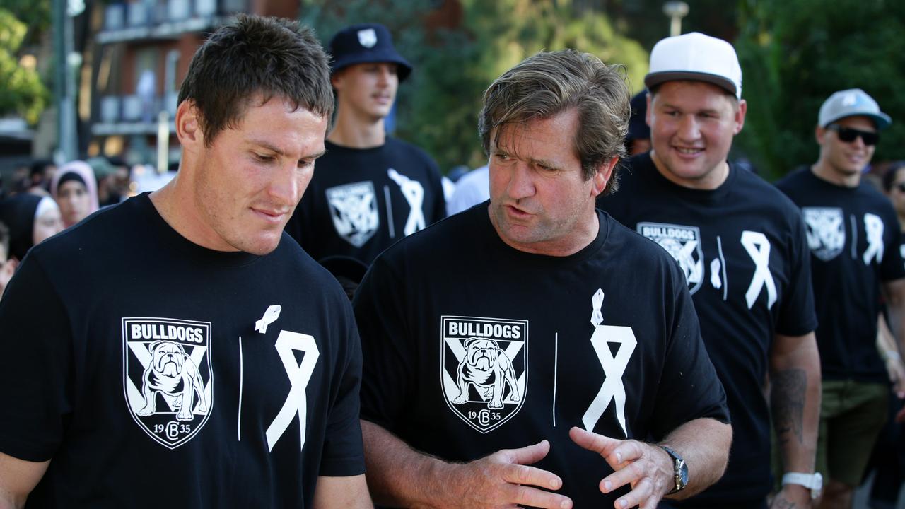 Josh Jackson with former Bulldogs coach Des Hasler. Picture: Jonathan Ng