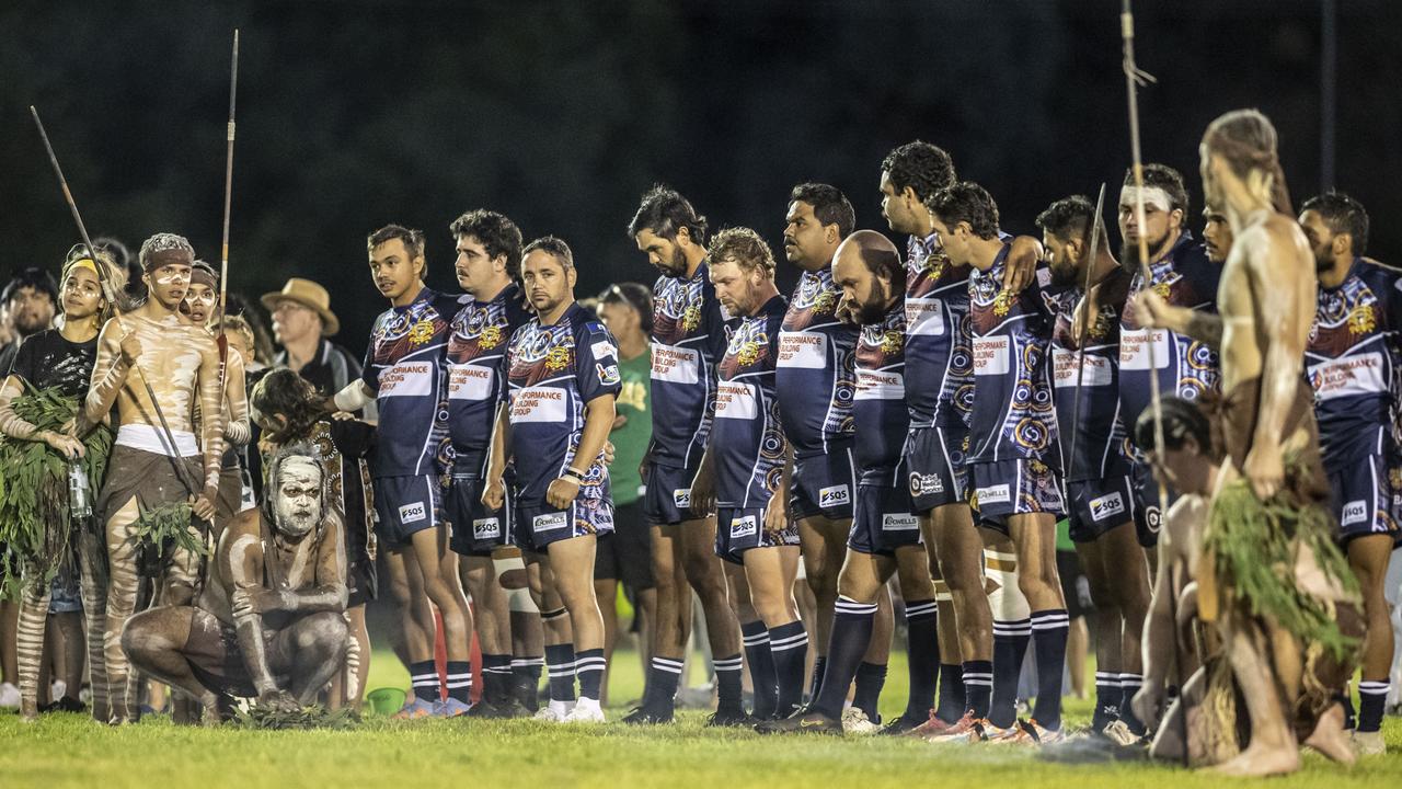 Smoking ceremony and dance by Murabirigururu Aboriginal Dancers. 2023 TRL Cultural Cup, SW Qld Emus vs Pacific Nations Toowoomba. Saturday, February 25, 2023. Picture: Nev Madsen.