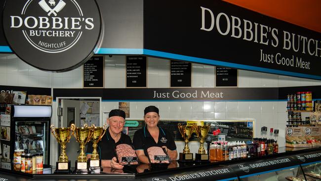 Richard Dobbie and Rachael Dobbie with some of the award winning sausages.