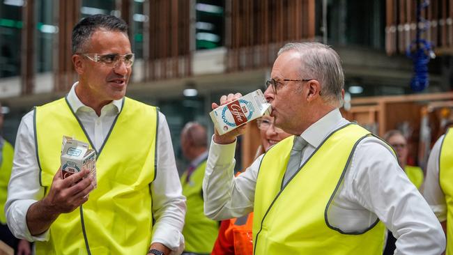 ADELAIDE, AUSTRALIA - MAY 01: Prime Minister Anthony Albanese drinks a carton of iced coffee flavoured milk with South Australia's Premier Peter Malinauskas, while visiting a TAFE in Tonsley, in the electorate of Boothby, on May 01, 2025 in Adelaide, Australia. Australia will hold a federal election on May 3. (Photo by Asanka Ratnayake/Getty Images)
