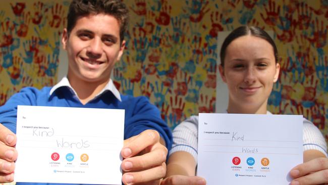 Redcliffe State High School Year 11 students Regan Gracie and Lara Thomson ready for international Respect day. Picture: Erin Smith