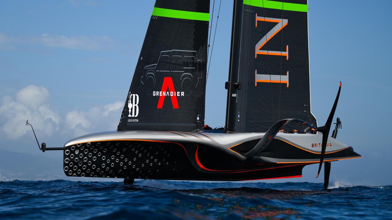 BARCELONA, SPAIN - OCTOBER 16: The crew of Team Ineos Britannia warm up prior race 5 between Emirates Team New Zealand and Team Ineos Britannia in the 37th America's Cup between on October 16, 2024 in Barcelona, Spain. (Photo by David Ramos/Getty Images)