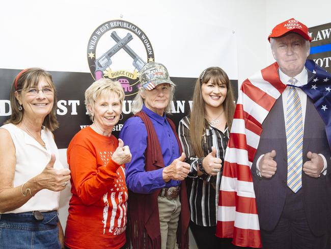 CONTACT NETWORK PICTURE DESK BEFORE PUBLISHING HOLD for weekend feature read - Members of Wild West Republican Women pose for a portrait in the groups office in Dodge City, Kansas, USA. Thursday, September 24th, 2020. (Angus Mordant for NewsCorp Australia)