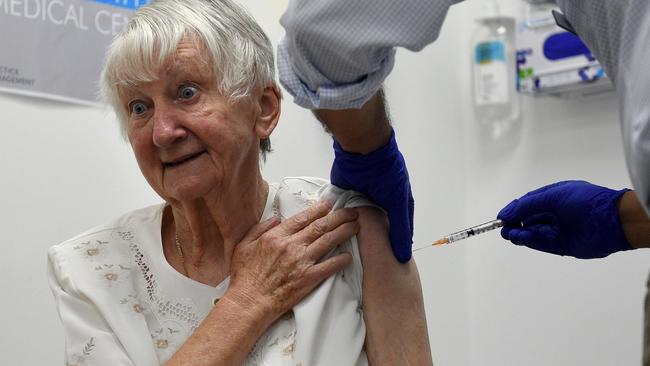 Aged care resident Jane Malysiak is seen receiving her second and final Covid-19 vaccination shot at the Castle Hill Medical Centre, in Sydney. Picture: NCA NewsWire/Bianca De Marchi