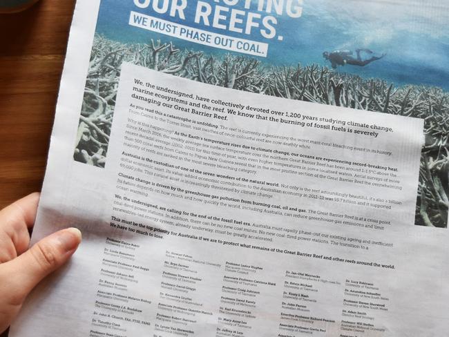 A newspaper ad taken out by The Climate Council.