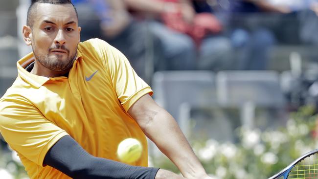 Nick Kyrgios on his way to beating Daniil Medvedev at the Rome Masters on Tuesday. Picture: AP