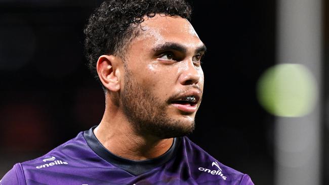 BRISBANE, AUSTRALIA - MAY 19: Xavier Coates of the Storm looks on during the round 11 NRL match between Melbourne Storm and Parramatta Eels at Suncorp Stadium, on May 19, 2024, in Brisbane, Australia. (Photo by Bradley Kanaris/Getty Images)