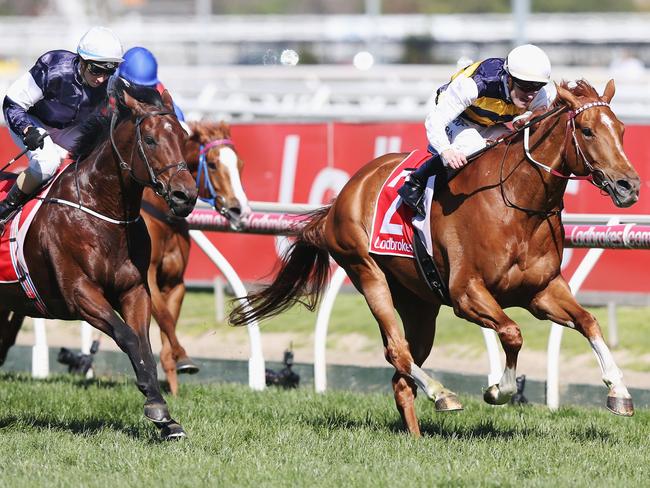 Gailo Chop (right) wins from Johannes Vermeer (left) on Caulfield Guineas Day. Picture: Getty Images