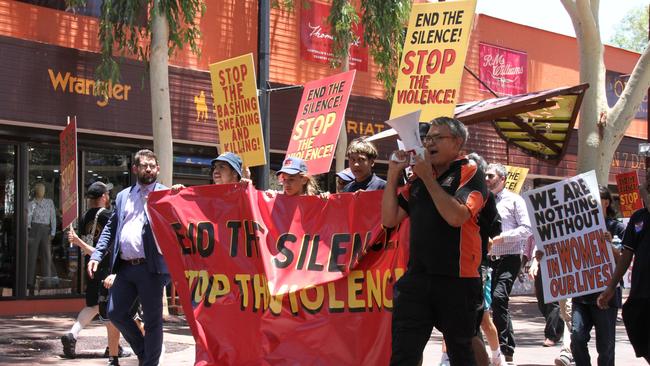 Hundreds have taken to streets of Alice Springs to march against domestic violence on Tuesday, December 10, 2024. Picture: Gera Kazakov