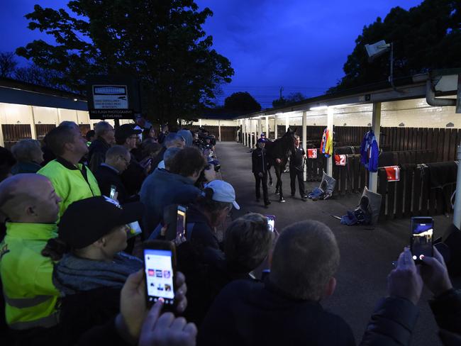 A large gathering watch on as Winx arrives at Breakfast With the Best with strapper Umut Odemislioglu and track rider Ben Cadden. Picture: Vince Caligiuri/Getty Images