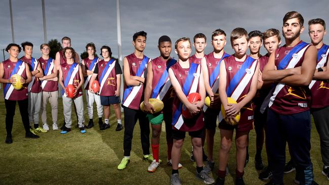 Under 16 junior footy players who have been refused permission to change teams to Tarneit because of league red tape. Picture: Tony Gough