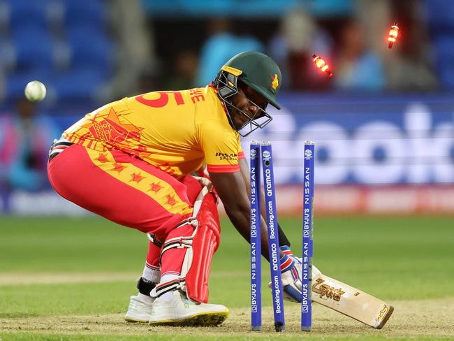 Zimbabwe's Luke Jongwe is bowled out during the ICC Twenty20 World Cup 2022 cricket match. Photo: David Gray, AFP