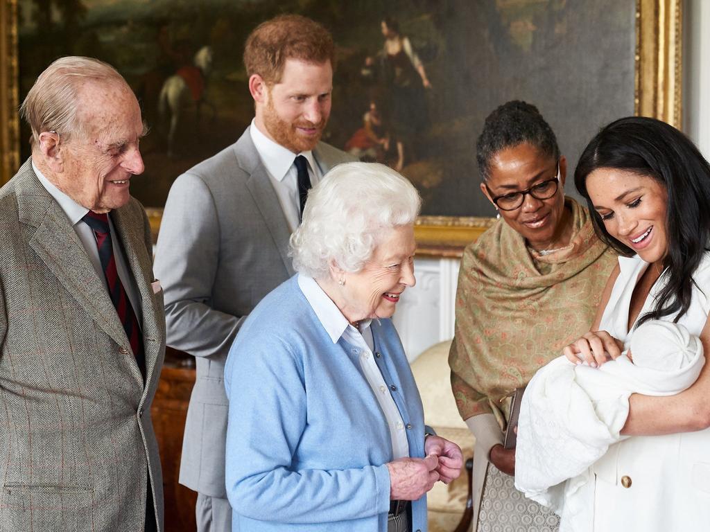 Prince Harry, Duke of Sussex and Meghan, Duchess of Sussex are joined by her mother, Doria Ragland, as they show their new son, to Queen Elizabeth II and Prince Philip, Duke of Edinburgh at Windsor Castle. Picture: Getty