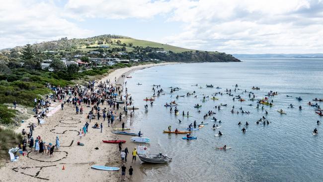 Protesters at Cremorne took to the water to oppose salmon farm expansion by Petuna in Storm Bay. Picture: Ian Sale