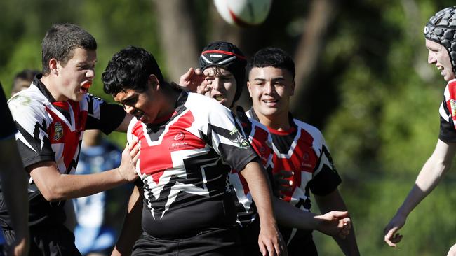 Deekon Parsons celebrating his try with his Erindale College teammates during the NRL Schoolboy Cup match between Illawarra SHS and Erindale College at the Collegians Sports & Performance Centre in Figtree. Picture: Jonathan Ng