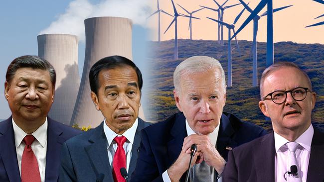 From left, China under Xi Jinping and Indonesia under Joko Widodo rely on coal-fired power for industry, the US under Joe Biden produced record crude oil last year, Anthony Albanese refuses to consider nuclear. Artwork: Emilia Tortorella