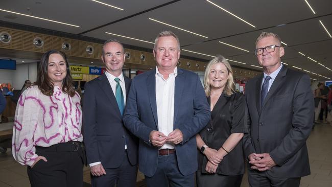 Amy Hills, Norris Carter, Premier Jeremy Rockliff, Sarah Clark, and Shane O'Hare at the announcement of Aviation Attraction Fund.at Hobart Airport. Picture: Caroline Tan