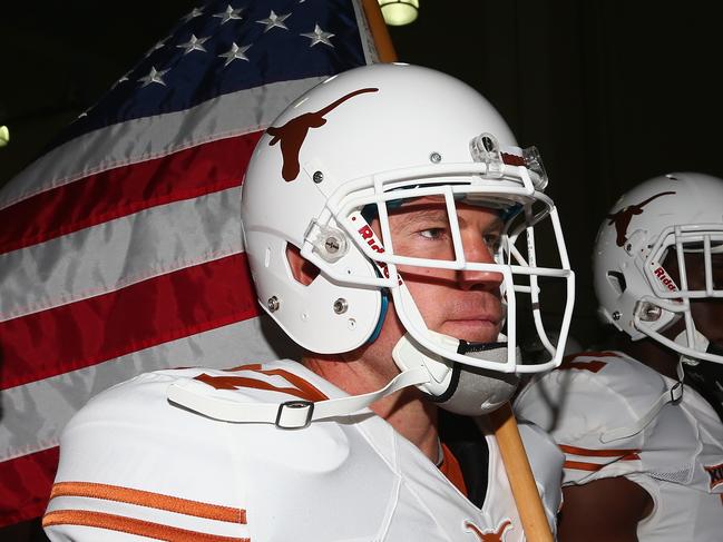 DALLAS, TX - OCTOBER 11: Nate Boyer #37 of the Texas Longhorns prepares to enter the field before a game against the Oklahoma Sooners at Cotton Bowl on October 11, 2014 in Dallas, Texas. (Photo by Ronald Martinez/Getty Images)