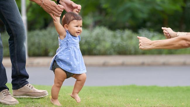 Normally, a baby will walk for the first time, unaided at 10 to 18 months.