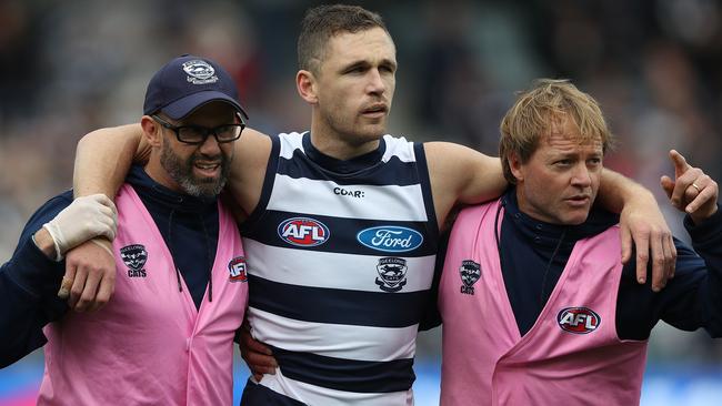 Joel Selwood remarkably walked off the field. Picture: Getty