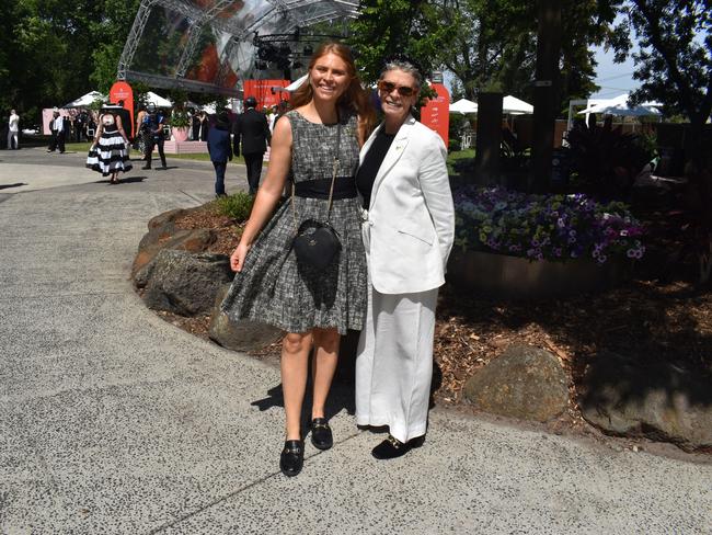 Guests in striking racewear at Penfolds Derby Day at the Flemington Racecourse on Saturday, November 02, 2024: Hannah Williams and Lynne Williams. Picture: Jack Colantuono