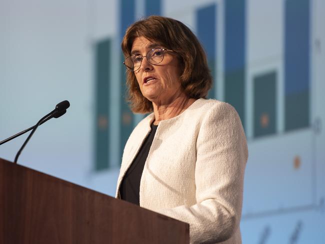 SYDNEY, AUSTRALIA - NewsWirePhotos - Thursday, 28 November 2024: Michele Bullock, Governor, Reserve Bank of Australia pictured speaking about insights on the economic outlook for the year ahead.at the CEDA (Committee for Economic Development of Australia) event held at the ICC Sydney.Picture: NewsWire/ Monique Harmer