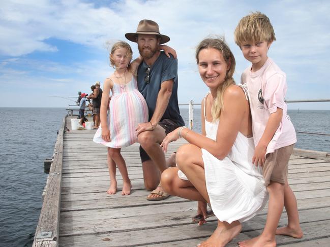 Save our Jetties campaign - Port Neil, Tumby Bay and Port Germain. At Port Neil Jetty, WA family, Brett and Alesha Moyle with their kids, Ella,6, and Jay,4. 12 March 2024. Picture Dean Martin