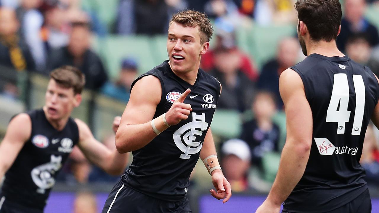 Patrick Cripps of the Blues celebrates a goal against Adelaide.